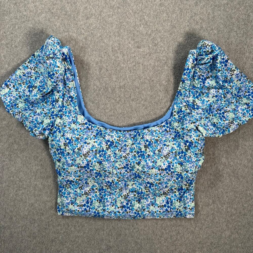 Splendid Puff Sleeve Bra Swim Top Size Large Blue Floral Beachy Flora Longline